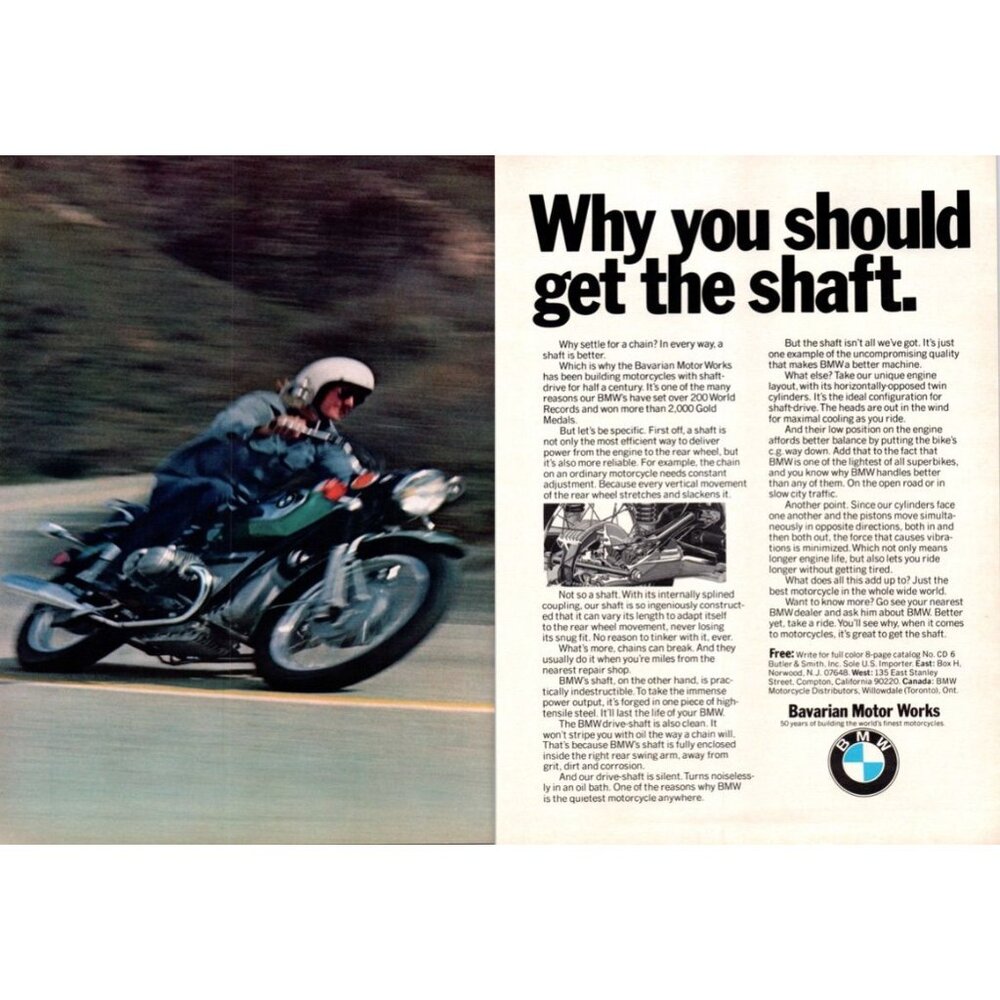 1973 BMW Get the Shaft Driven Motorcycle 2 Page Vintage Print Ad 70s Wall Art